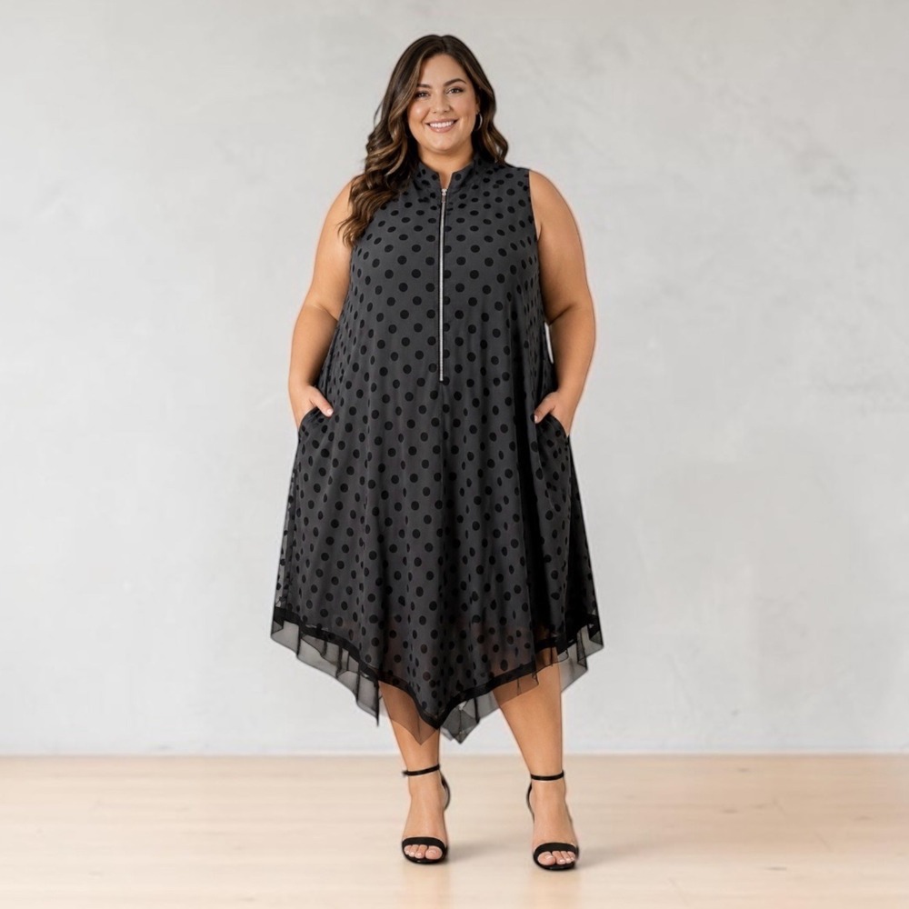 Artsy Lightweight Polka Dot Mesh Tunic Dress 2X‎ Sleeveless Half Zip Gray Black